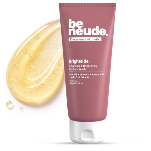 Be Neude Brightside 100ml Detan & Brightening Gel Face Wash with Goat Milk, Vitamin C & Tartaric Acid for Dark Spot Removal, Pigmentation & Glow, Face Wash for Men & Women