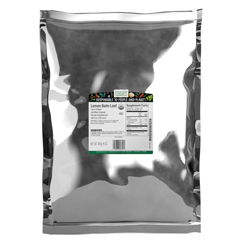 Frontier Co-op Organic Lemon Balm Leaf, Cut and Sifted, Kosher, Bulk Bag - Dried Lemon Balm Herb Loose Leaf Tea - Melissa Tea, Toronjil | 16 Ounce (Pack of 1)
