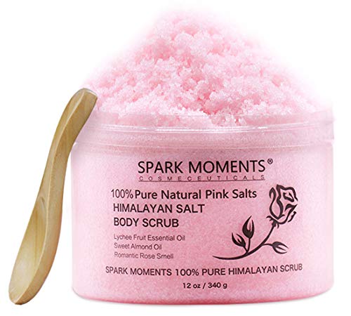 Himalayan Pink Salt Body Scrub 12oz - Rose Scent Face with Natural Almond Essential Oil Lychee, to Exfoliate & Moisturize Skin, with Spoon