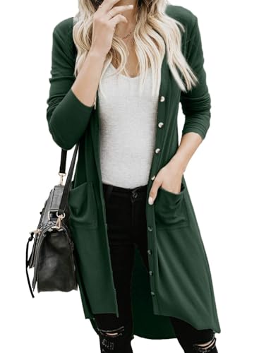 Alaster Queen Women’s Green Fall Long Cardigans Lightweight Button Down Open Front Cardigans with Pockets Small(US4-6)