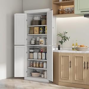 HOMCOM 72.5" Freestanding Kitchen Pantry Cabinet, Tall Storage Cabinet with 4 Doors and 2 Adjustable Shelves for Dining Room, White Wood Grain HOMCOM 725 Freestanding Kitchen Pantry Cabinet Tall Storage Cabinet with 4 Doors and 2 Adjustable Shelves for Dining Room White Wood Grain