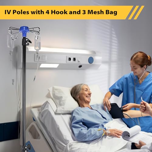 Klappbar Infusionsständer mit 4 Haken und 3 Netzbeuteln IV Ständer Höhenverstellbar von 70-210 cm Tragbarer Aluminiumlegierung Infusion Halterung für Zuhause Pflegeheime Klinikum
