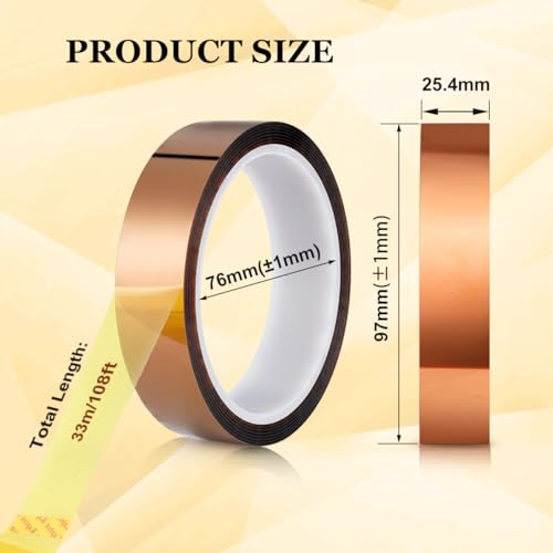Image of Polyimide Film Adhesive Tape High Temperature Tape 1 inch (25.4mm) X 33m,No Residue Heat Resistant Tape for Sublimation, Masking, 3D Printing, Electric Task, Soldering