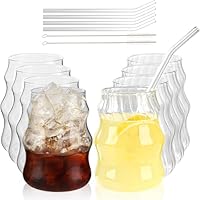 Set mit 4 niedlichen gerippten Glasbechern mit Strohhalm und Strohhalmbürste, 4 geriffelte Trinkgläser, 530 ml, für Eiskaffee, Latte, Wasser, Macha, Saft, Geschenk