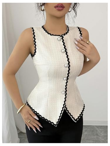 GORGLITTER Women's Pearls Button Down Vest Tops Sleeveless Office Work Suit Vests Waistcoat2