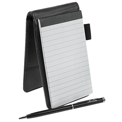 PU Leather A7 Business Notepads with Calculator, Small Pocket Jotter Memo Steno Notebook,Wide Lined 30 Pages Notes and Lists,Travel Notepads with Retractable Rollerball Point Pen,Black Ink