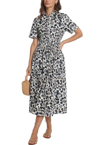 Image of Ladyful Women Casual Button Down Short Sleeve Shirt Dress Tie Waist Midi Shirt Dress Elegant Business Party