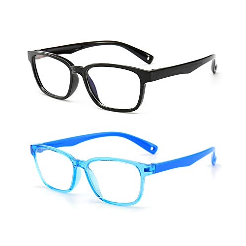 Image of Kids Blue Light Blocking Glasses 2 Pack, Anti Eyestrain & UV Protection, Computer Gaming TV Phone Glasses for Boys Girls Age 3-9 (Black+Transparent blue)