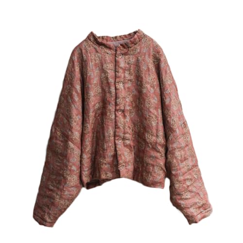 NFYM Red Cropped Lightweight Fall Jacket - Vintage Ramie Floral Print Outwear for Women