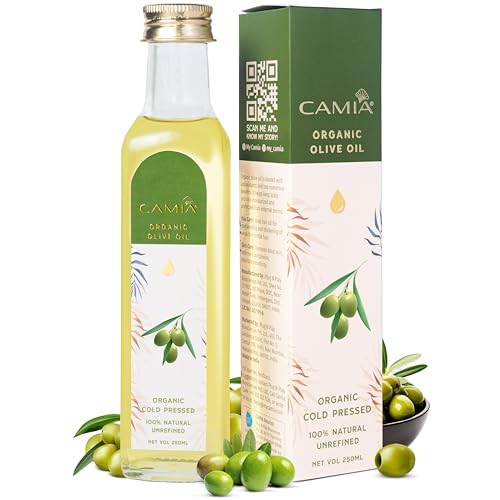 Image of CAMIA - Organic Cold Pressed Olive Oil for Skin & Hair | Natural Skincare & Hair Treatment | Strengthen Hair Roots & Deeply Moisturizes Skin | 250 ML Glass Bottle