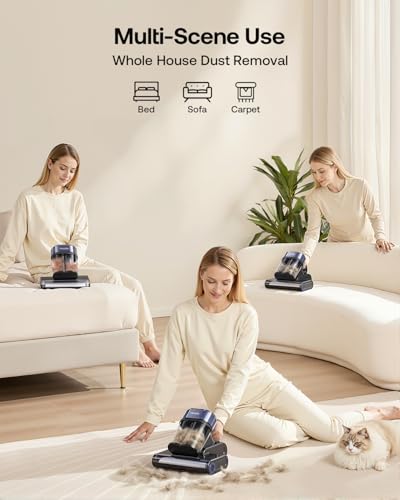 Image of Mattress Vacuum Cleaner with 275nm UV-C Light & 149℉ Heat, 16Kpa Powerful Suction Bed Vacuum for Pet Hair & Dander, Smart Dust Sensor, Anion & Aromatherapy, Corded for Bed, Sofa, Couch, Purple