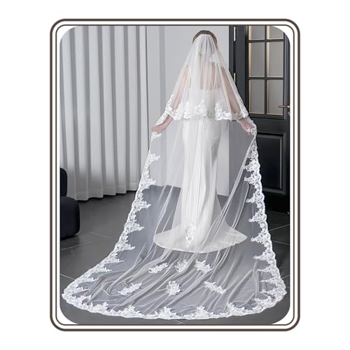 ATELUMAE 2 Tier Lace Floral Veils for Women Wedding Long