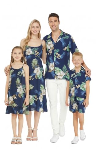 Image of Matchable Family Hawaiian Luau Men Women Girl Boy Clothes in Pineapple Garden Navy