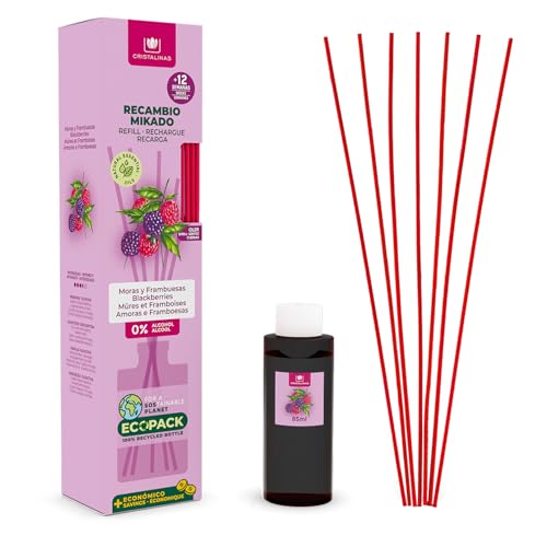 CRISTALINAS | Recambio Ambientador Hogar Mikado + Cañas | Aroma Moras| Ideal para casa y oficina | 100% Puro | Calidez | Larga Duración 12 Semanas | 85ml | 0% Alcohol