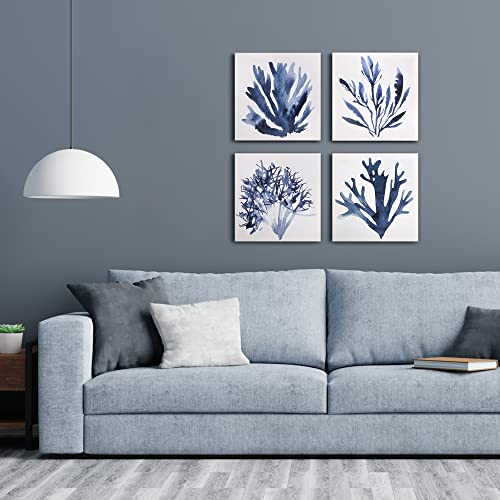 Artbyhannah Blue Bathroom Wall Art, Beach Canvas Wall Art Decor With Coastal Ocean Coral Prints, 4 Pack Modern Navy Blue Wall Art (12X12 Inch) #TOP1
