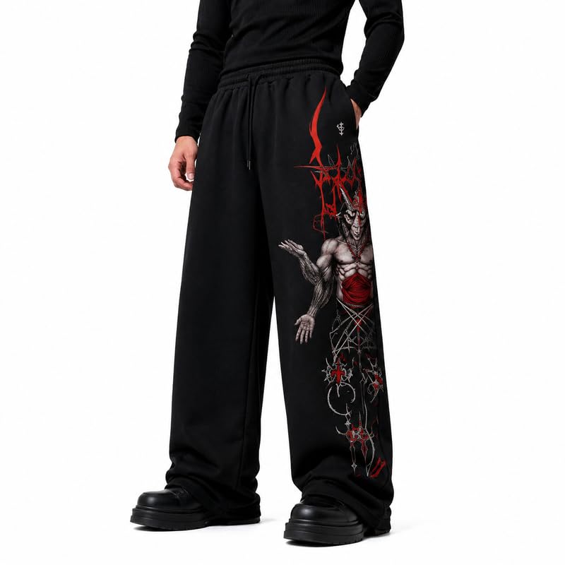 Men's Oversized Graphic Baggy Jogger Pants | Skeleton Print Wide Leg Streetwear Trousers | Cotton Blend Loose Fit Y2K Hip Hop Casual Sweatpants | Black-image-27