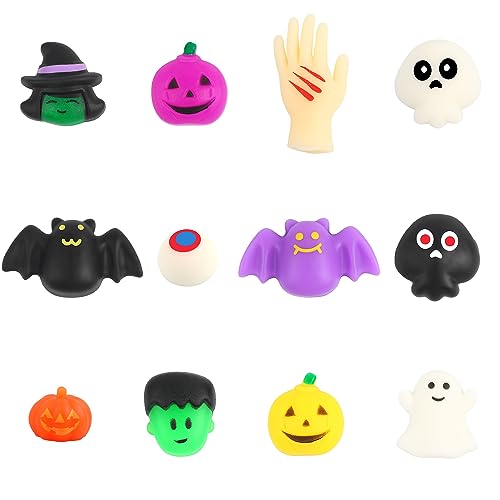 JUNIOO 24 PCS Halloween Mochi Squeeze Toys - Squishy Toys Stress Relief Toy Pumpkin Ghost Bat Witch Goody Bags Filler Gifts for Halloween Party Favors