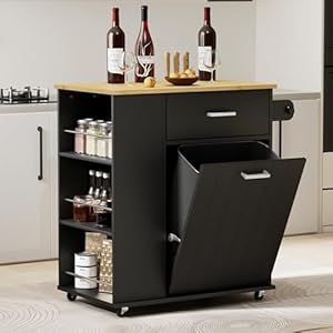 Rolling Kitchen Island with Trash Can Storage, Portable Kitchen Island on Wheels with Towel Rack & Spice Rack, Tilt Out Trash Can Cabinet with Drawer, Mobile Island Cart (Black)