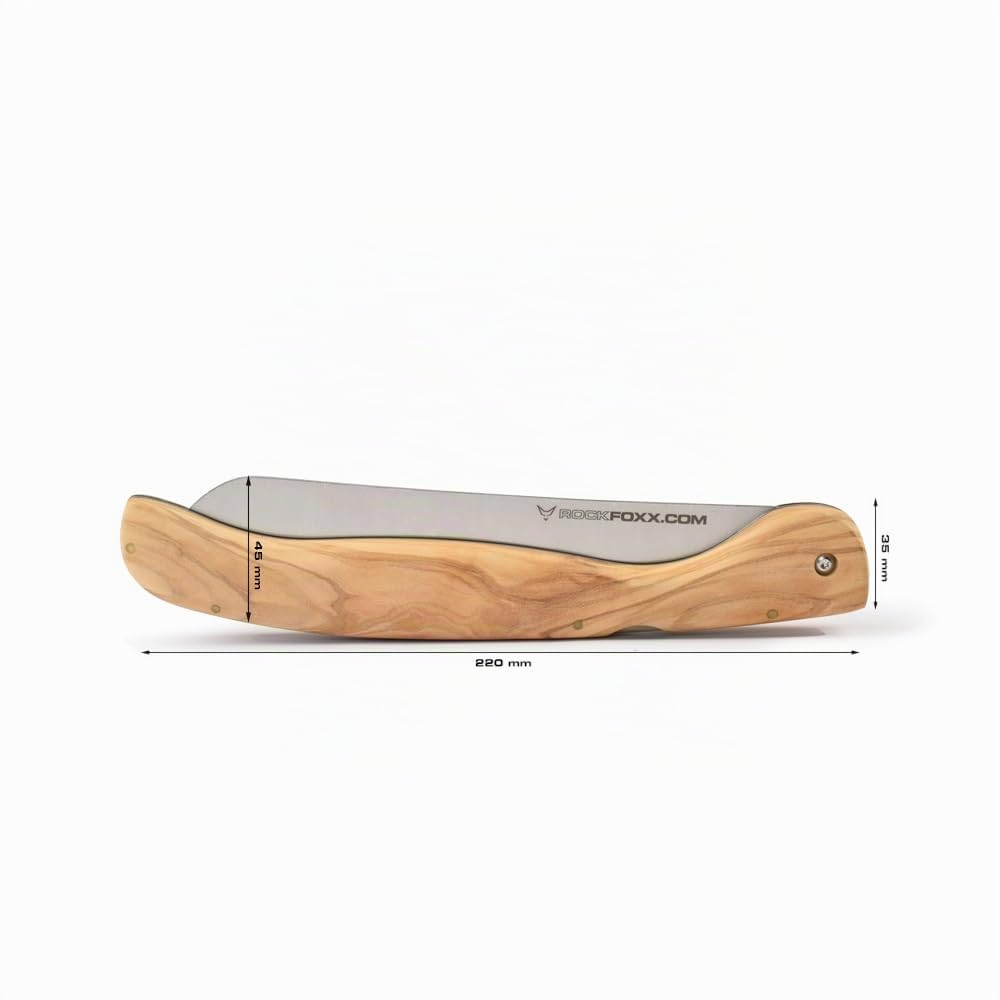 FOXXKNIFE Klappmesser Brotmesser Taschenmesser groß 18,5cm Klinge, ohne Lasergravur, Olivenholzgriff, scharfer Wellenschliff, Ideal für Camping, Offroad, Abenteurer im Wohnmobil, Inkl. Hardbox