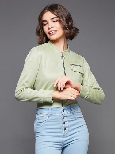 Image of Miss Chase Women's Off White V-Neck Full Sleeves Bomber Cropped Jacket