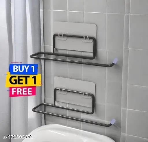 (Buy 1 GET 1) Self Adhesive No Drill Toilet Paper Holder/Tissue Paper Roll Holder/Hanger/Towel Bar Stand for Bathroom Accessories (Black, 2) Jy 3 1
