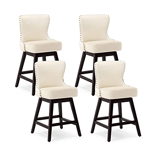Cozyman Counter Height Bar Stools Set Of 4, 26" H Swivel Bar Stool With Back, Linen Fabric Counter Stool, Solid Wood Legs, Retro Upholstered Barstools For Kitchen Island, Home Bar, Pub, Beige #TOP10