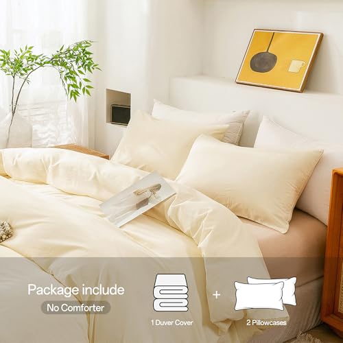 Image of ECOCOTT Duvet Cover Queen Size - 3 Piece 100% Washed Cotton Bedding Set, Soft and Breathable with Zipper Closure & 8 Corner Ties - Comfortable and Stylish for All Seasons (Cream)