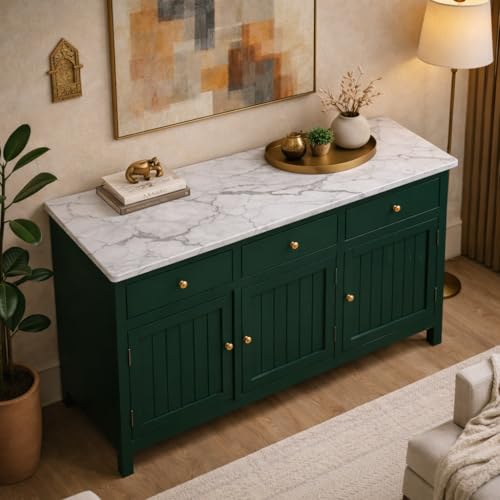 Image of Solid Wood Madrid 3 Door Sideboard Cabinet with Sintered Stone Top for Living Room | Acrylic Emerald Green Finish | 130x40x80 cm