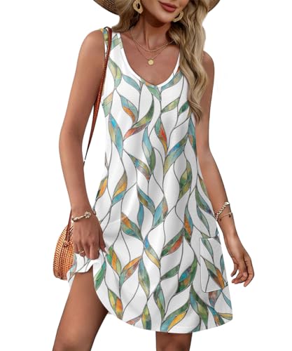 Yeenily Damen Sommerkleid V-Ausschnitt Freizeitkleider Ärmellos Lässig Trägerkleid Sommer Mini Tank Kleider Elegant Kurz Strandkleider mit Taschen...