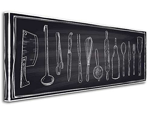 DECLINA Tableau Cadre decoratif Moderne ustensile de Cuisine - Impression sur Toile décoration Murale - Déco Maison, Cuisine, Salon, Chambre Adulte - Noir et Blanc 80x30 cm