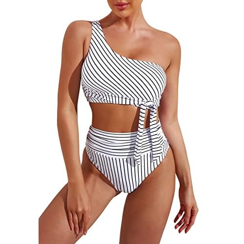 Pink Queen Women's One Shoulder High Waisted Bikini Set Two Piece Tie Ruched Swimsuit X-Large Striped White