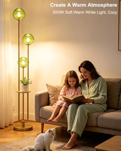 Image of Lightdot Green Glass Floor Lamp with Shelf 63IN Dimmable Mid Century Modern Gold Standing Lamps 3000K Bulbs Included Globe Floor Lamp with 5Lbs Heavy Base for Living Room /Wedding /Sofa Beside /Corner