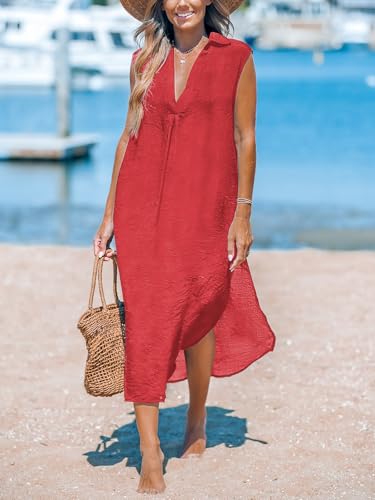 Image of CUPSHE Women's Swimsuit Coverup Casual Sleeveless Side Split Long Cardigans V Neck Midi Beach Dress