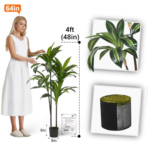 Image of Aveyas 4ft Artificial Dracaena Tree for Home Decor, 4 Feet Real Touch Large Faux Plant Fake Silk Floor Trees with Pot for Indoor Outdoor House Living Room Office (4 ft Tall)