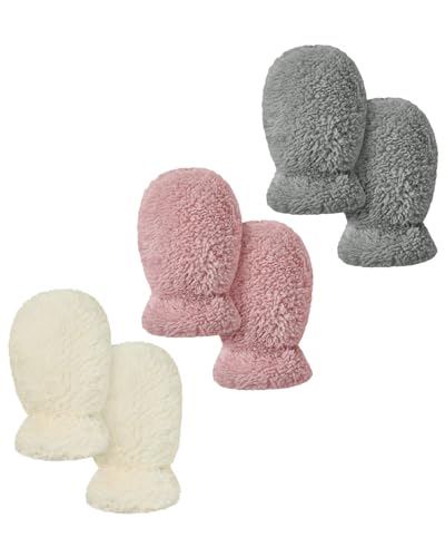Baby Mittens Winter Infant Gloves - Warm Fleece Lined Mittens for Newborn Baby Boy Girl 0-12 Months No Scratch 3 Pairs White & Pink & Light Gray 0-12 Months