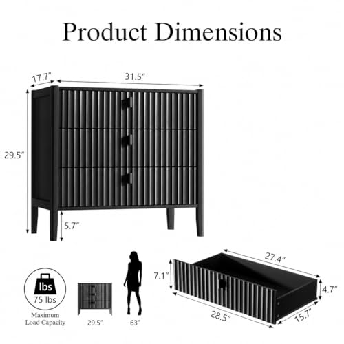 Image of Furniway 31.5 inch Wide Black 3 Drawer Nightstand, Modern Fluted Bedside Table with Metal Handles, Large Storage End Table for Bedroom
