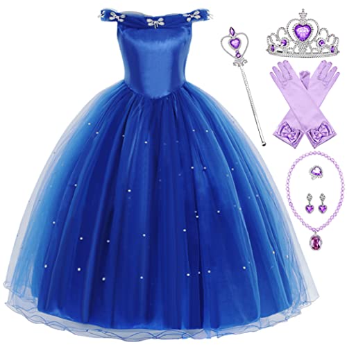 Eleasica Robe de Soirée Fille Princesse Cendrillon Robe de Princesse Elsa Reine des Nerige Baguette Magique Couronne Déguisement pour Enfant Cocktail Mariage Anniversaire Noël Carnaval,Bleu,130 Cover