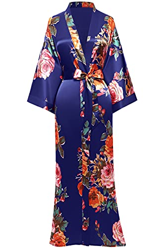 BABEYOND Kimono Robe Long Floral Bridesmaid Wedding Bachelorette Party Robe 53 Inches (Navy Blue)