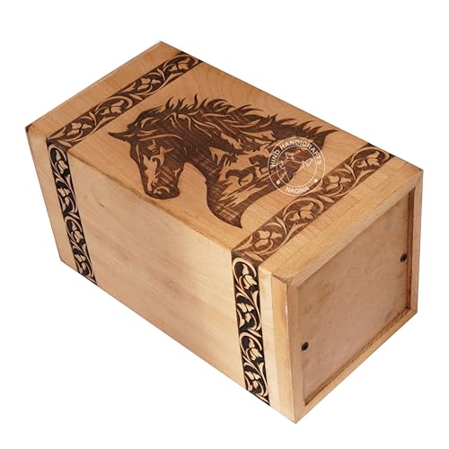 Image of Handcrafted Floral Engraved Wooden Urns for Human Ashes Adult Large - Cremation Urn for Ashes - Burial Urn for Columbarium - Funeral Urn Box (Horse 1, 250 LB - Beechwood)