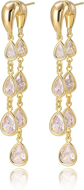 14K Gold Plated Crystal Drop Dangle Earrings for Women – Dainty Front Back Statement Earrings – Hypoallergenic Cubic Zirconia Tear Drop Long Dangly Earrings for Weddings, Parties, and Gifts-image-5