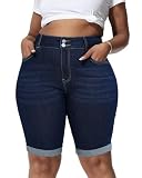 Gocolloa Womens Plus Size Jean Shorts Stretchy High Waisted 10" Bermuda Denim Shorts Dark Blue 16W