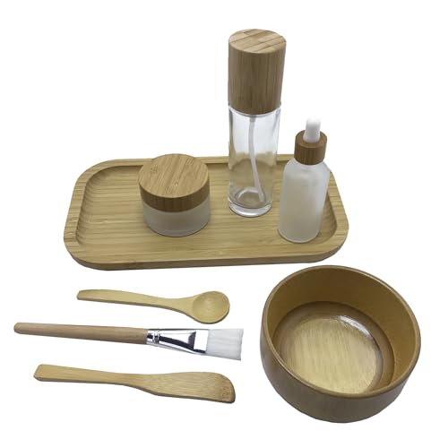 Face Mask Mixing Bowl Set Bamboo,8 Pcs Diy Facemask Mixing Tool Kit With Facial Mask Bowl,Spatula,Spoon,Brush,Empty Refilable Lotion Pump Bottle,Cream Jar and Dropper Bottle and Tray