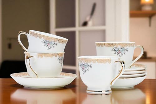 Image of Fine Bone China White Gold Cups and Saucer with Golden Line, 180 ml Tea Cup Set of 6 Cup and Saucer Set for Tea Milk & Coffee Chai, Teacup Set