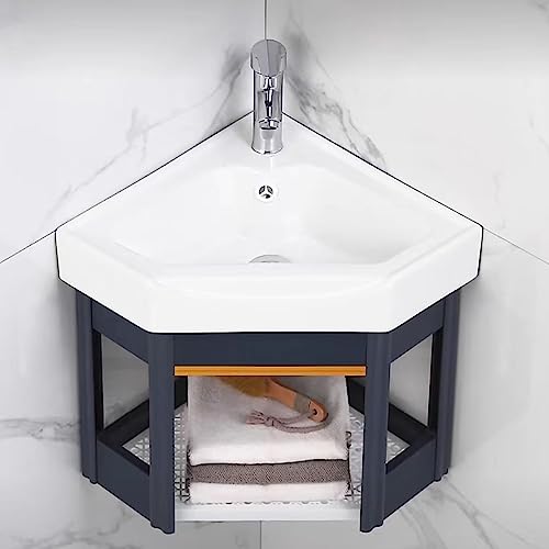 Juego de lavabo esquinero de baño de montaje en pared blanco con acabado resistente a arañazos y manchas, diseño compacto para espacios pequeños, armario montado en la pared incluido, material de