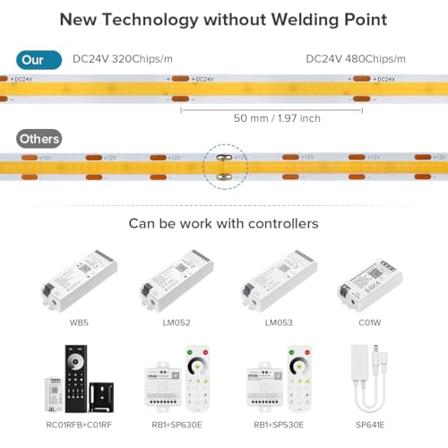 Image of COB LED Strip Light 32.8FT Flexible High Density Uniform Cob Strips 24V Natural White 4000K 480LEDs /m CRI 90+ Dimmable 8mm LED Tape Lights for Under Cabinet, No Power /Controller