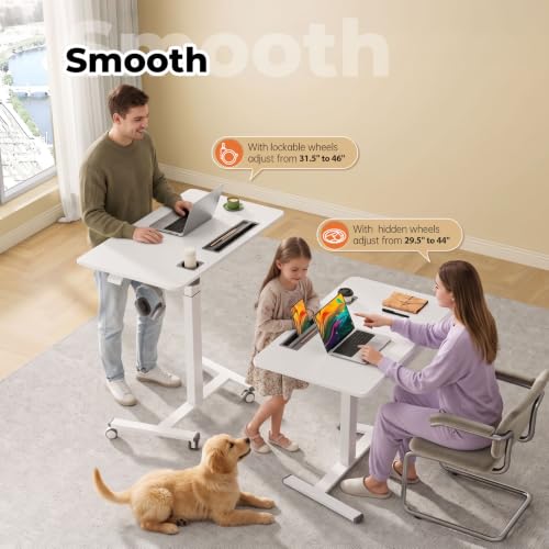 Image of Mobile Standing Desk with Drawer, 40 inchx24 inch Small Standing Desk with Cup Holder, Rolling Laptop Workstaion on Wheels, Height Adjustable Table with Storage for Home Office, White