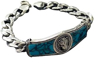 Silver Lion Bracelet, Handmade Lion Head Bracelet, Chain Link Tag Bracelet, Turquoise Stone Bracelet, 925k Sterling Silver Bracelet