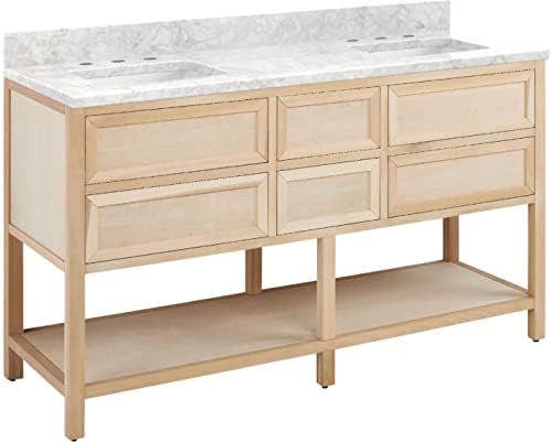 Signature Hardware 483636 Robertson 60" Double Vanity Cabinet Set with Wood Cabinet, Vanity Top and Rectangular Undermount Sinks - 8" Faucet Holes - Unfinished/Carrara Marble