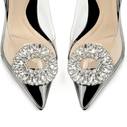 JENN ARDOR Clear Heels for Women Slingback Pointed Closed Toe Heels with Rhinestones 3 inch Comfortable Stiletto Sandals Pumps Wedding Party Dress Shoes