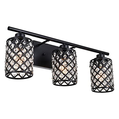 Niloah 3 Light Black Bathroom Light Fixtures, Modern Farmhouse Vanity Light, Bathroom Lights Over Mirror,Crystal Vanity Lighting Fixtures for Bathroom,Powder Room Niloah 3 Light Black Bathroom Light Fixtures, Modern Farmhouse Vanity Light, Bathroom Lights Over Mirror,Crystal Vanity Lighting Fixtures for Bathroom,Powder Room